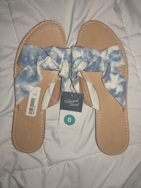 Universal Thread Tan Slide Sandals with Blue Tie-Dye Bow - Women's